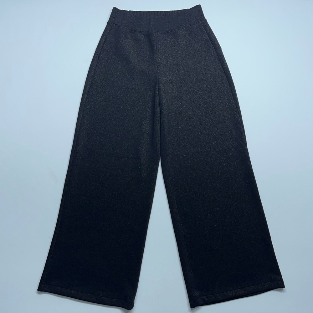 Spanx Wide Leg Dress Pants Womens Small Black High Rise Ribbed Gold Metallic